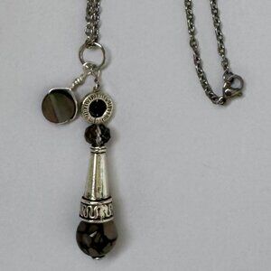 Necklace handmade silver carved cone black & gray agate crystal OOAK